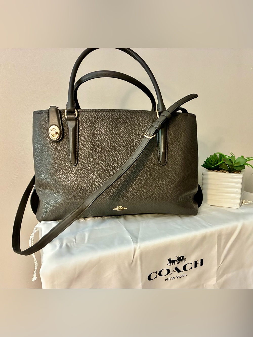 COACH “Brooklyn” Pebbled Leather carryall in Dark Brown